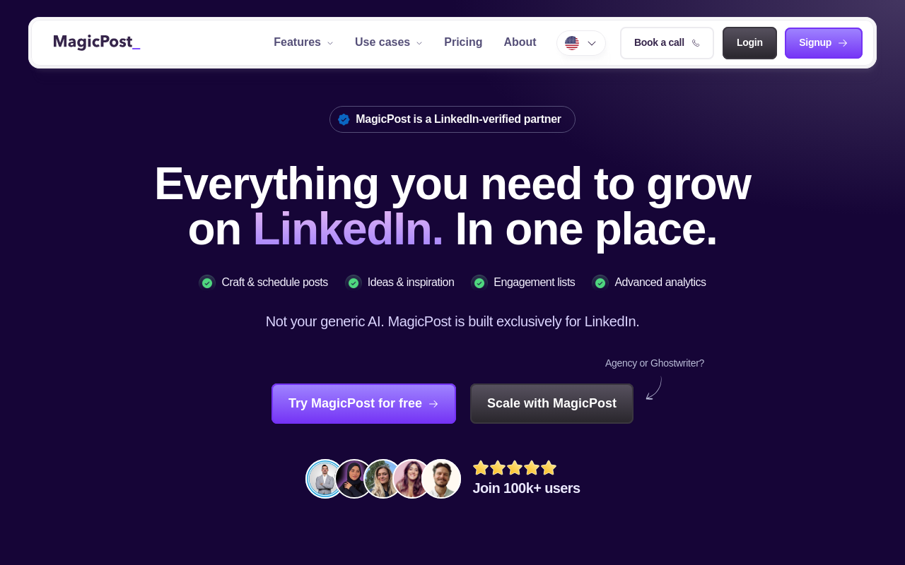 MagicPost website showing its LinkedIn product and logo