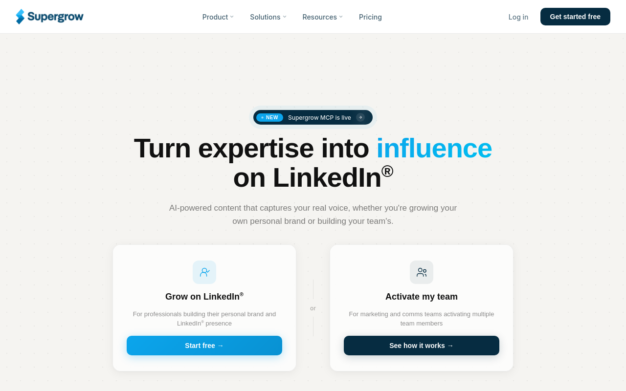 Supergrow website showing its LinkedIn product and logo