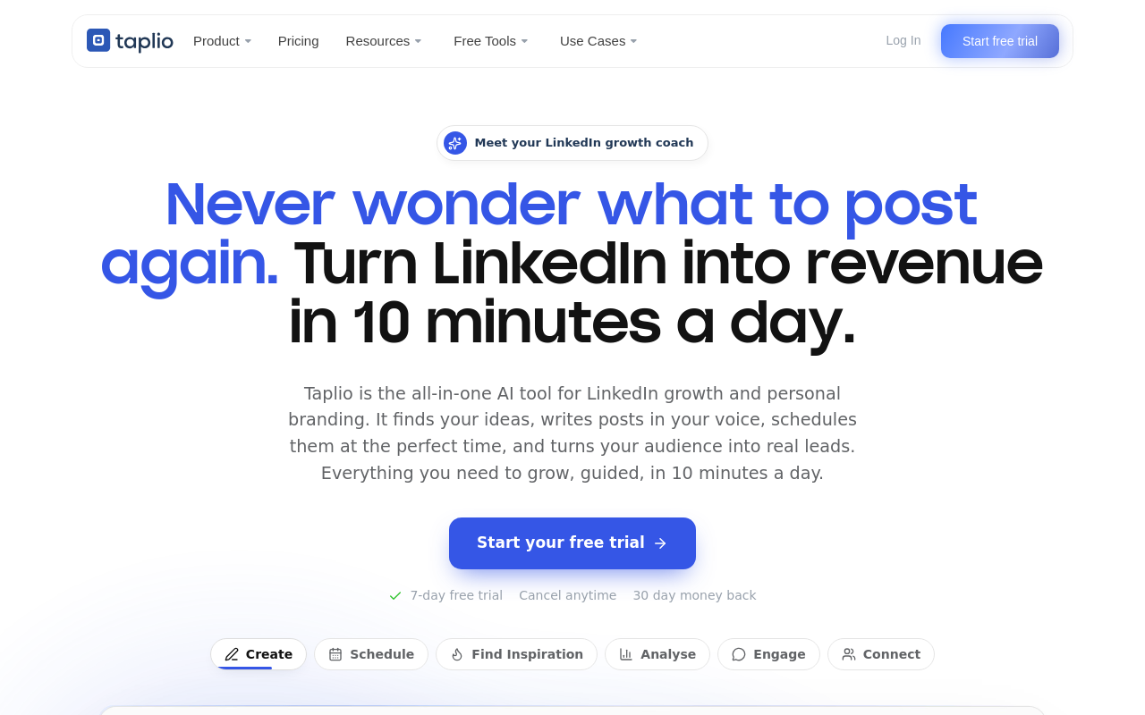 Taplio homepage for LinkedIn® growth and AI post writing