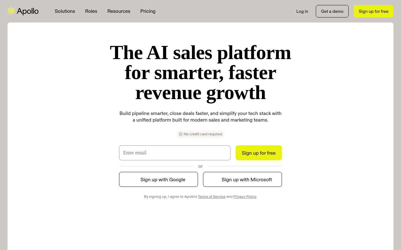 Apollo.io sign-up page for its AI sales platform
