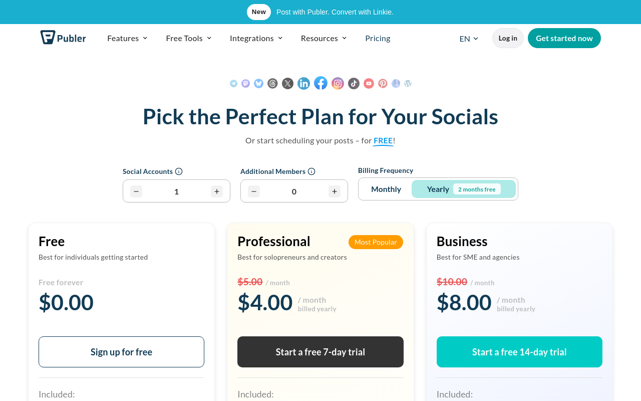 Publer homepage for multi-platform social scheduling