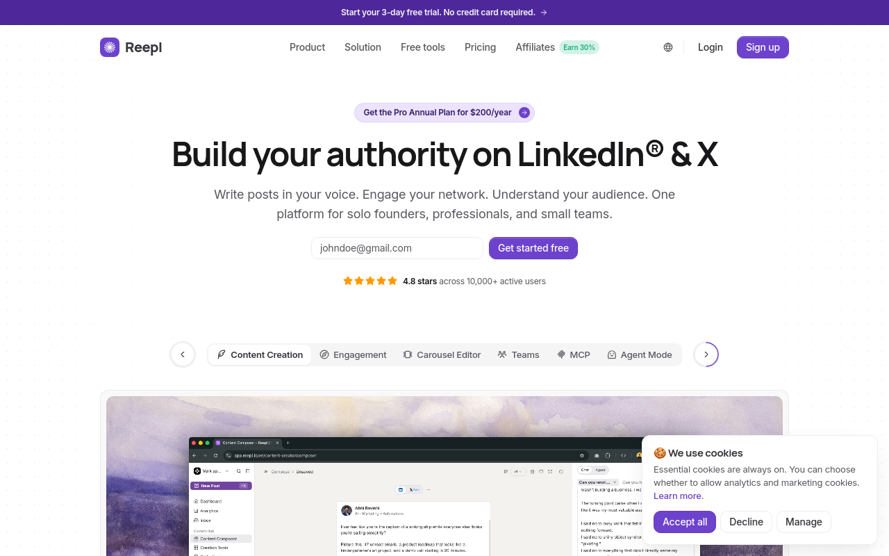 Reepl homepage showing AI post writing, scheduling, and analytics for LinkedIn®