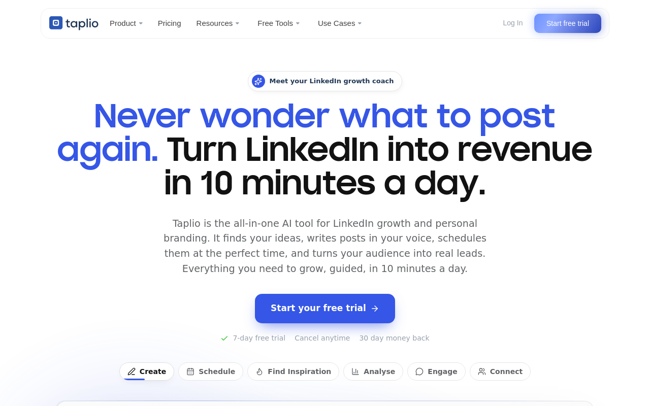 Taplio homepage for LinkedIn® growth and AI post writing
