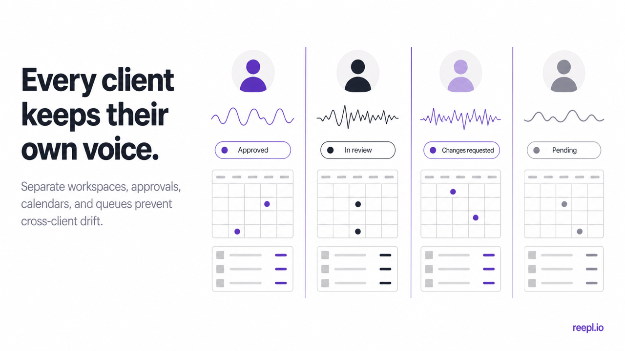 Four separated client workspaces with distinct voice patterns, approvals, calendars, and queues