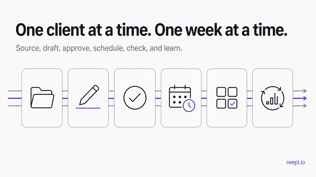 Six-stage weekly agency workflow from source material through scheduling and performance review